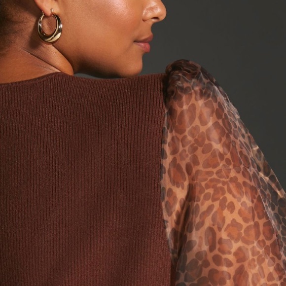 Anthropologie • NWT Dolan Sheer Animal Print Puff-Sleeve Brown Sweater Size 3X - Picture 11 of 13